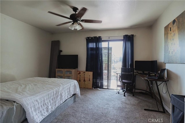 bedroom featuring carpet, ceiling fan, and access to exterior