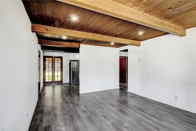 unfurnished room featuring french doors, dark hardwood / wood-style floors, wood ceiling, and beam ceiling