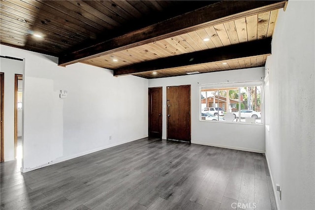 unfurnished room with beam ceiling, dark hardwood / wood-style flooring, and wood ceiling