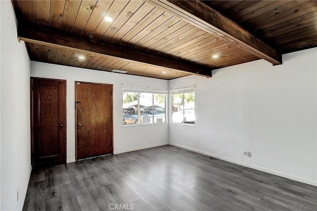 unfurnished bedroom with beamed ceiling, dark hardwood / wood-style flooring, and wooden ceiling