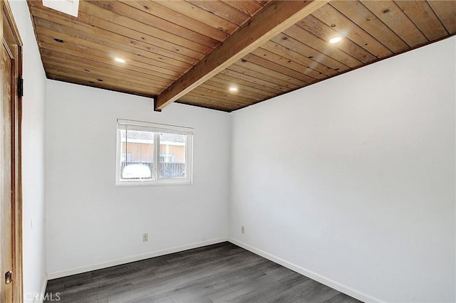 unfurnished room with beamed ceiling, dark hardwood / wood-style flooring, and wood ceiling