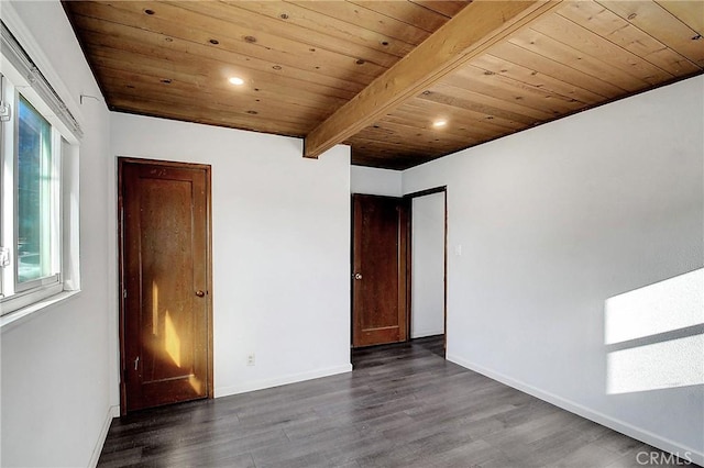 unfurnished bedroom with wooden ceiling, beamed ceiling, and dark wood-type flooring