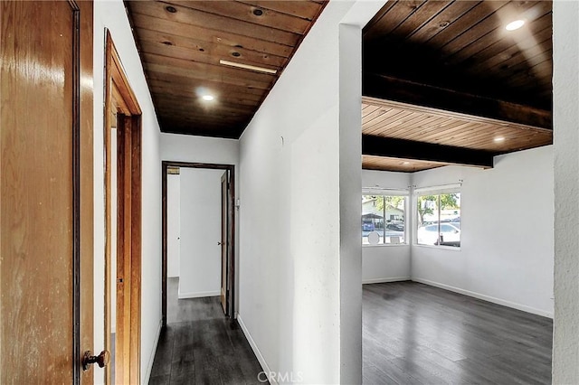 corridor with beamed ceiling, dark hardwood / wood-style floors, and wood ceiling