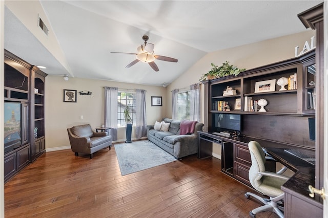 office area featuring ceiling fan, dark hardwood / wood-style flooring, and lofted ceiling