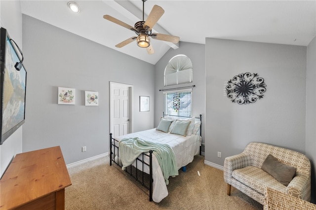 bedroom featuring vaulted ceiling with beams, ceiling fan, and carpet floors