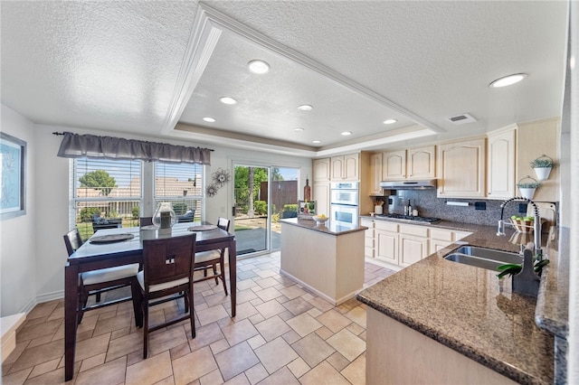 kitchen with stainless steel gas stovetop, a kitchen island, a raised ceiling, and sink