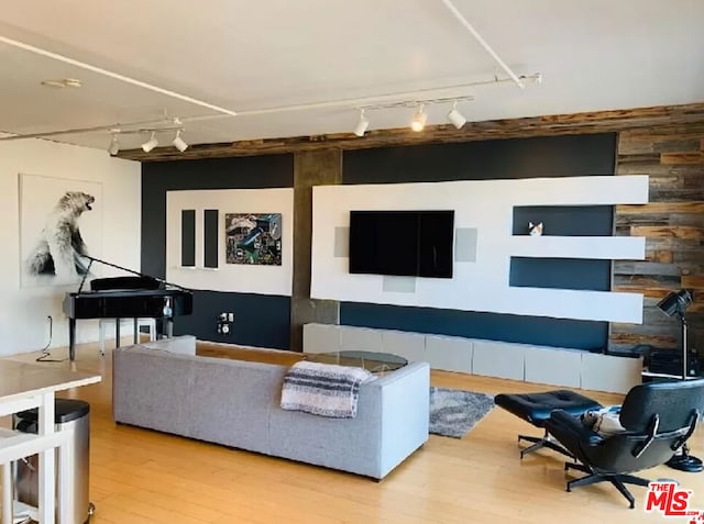 living room featuring wood-type flooring and rail lighting