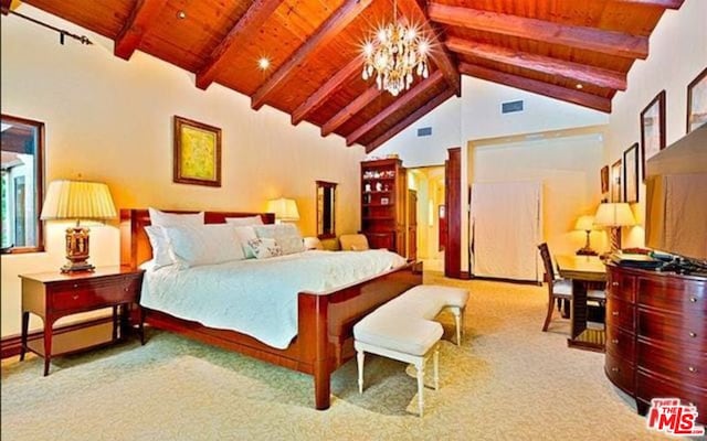 bedroom with wood ceiling, a chandelier, beamed ceiling, high vaulted ceiling, and light carpet