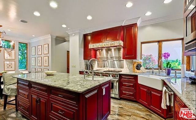 kitchen with light stone counters, an island with sink, ornamental molding, and decorative backsplash