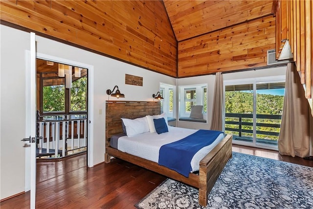 bedroom with wooden ceiling, access to exterior, dark hardwood / wood-style floors, and high vaulted ceiling