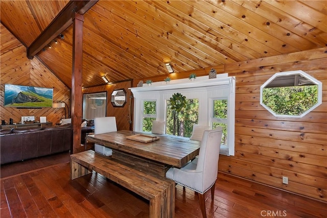 dining area with wooden ceiling, vaulted ceiling with beams, and wooden walls