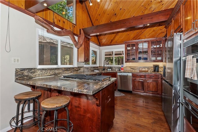 kitchen featuring wood ceiling, dark hardwood / wood-style flooring, stainless steel appliances, a kitchen breakfast bar, and kitchen peninsula