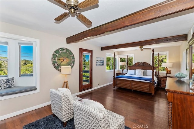 bedroom featuring ceiling fan, access to outside, dark hardwood / wood-style floors, and beamed ceiling