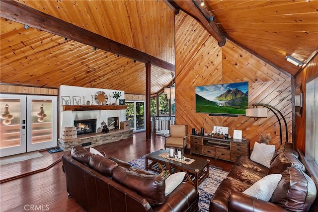 living room with french doors, high vaulted ceiling, hardwood / wood-style flooring, wooden ceiling, and beam ceiling