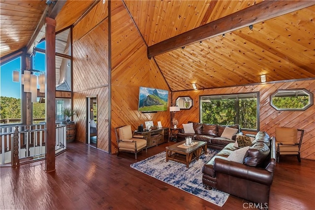 living room featuring high vaulted ceiling, beam ceiling, wood ceiling, and a healthy amount of sunlight