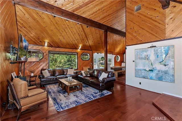 living room with beamed ceiling, wooden walls, hardwood / wood-style flooring, high vaulted ceiling, and wooden ceiling