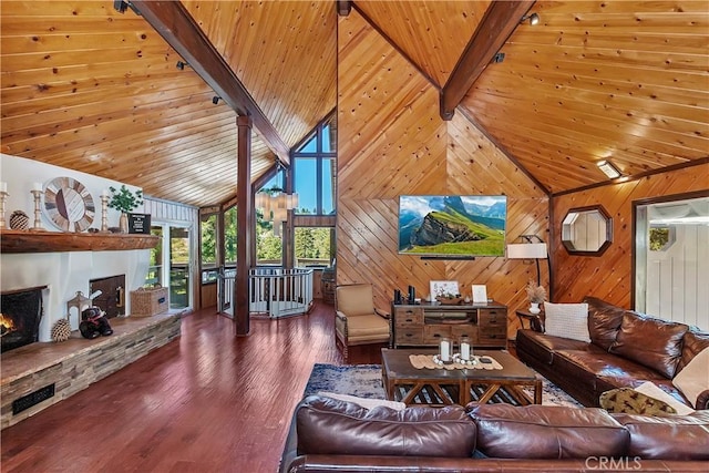 living room with a stone fireplace, wooden ceiling, wood-type flooring, high vaulted ceiling, and beamed ceiling