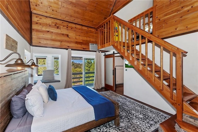 bedroom featuring high vaulted ceiling, dark wood-type flooring, and wood ceiling