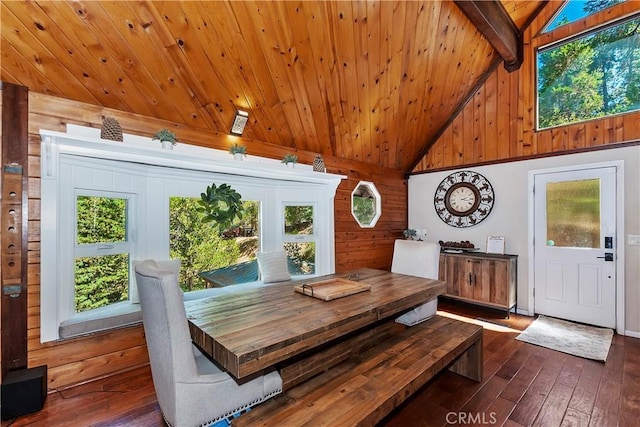 dining room featuring lofted ceiling with beams, dark hardwood / wood-style floors, wood walls, and wooden ceiling