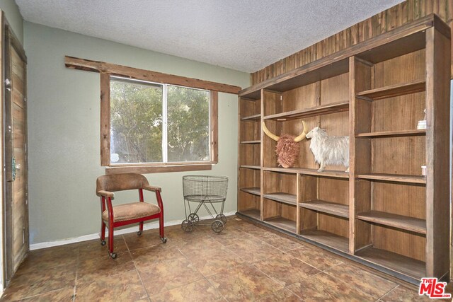 living area with a textured ceiling