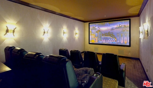 carpeted home theater with crown molding