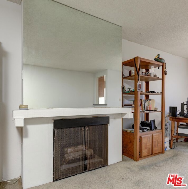 carpeted living room featuring a textured ceiling