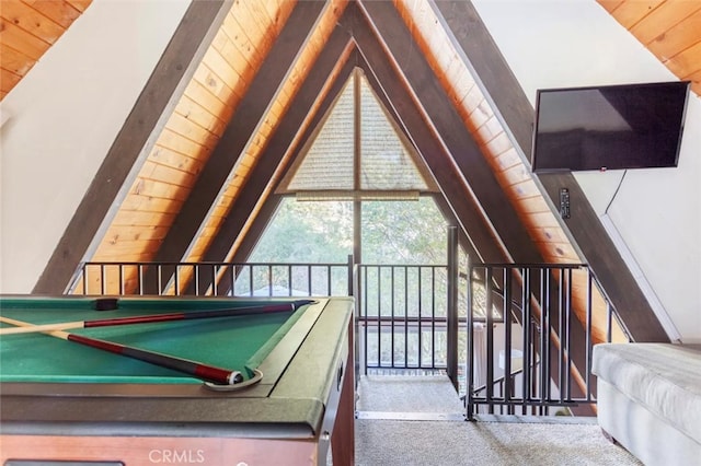 playroom featuring vaulted ceiling with beams and wooden ceiling