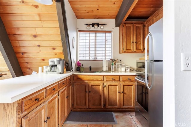 kitchen featuring sink, kitchen peninsula, stainless steel appliances, light tile patterned floors, and wooden ceiling