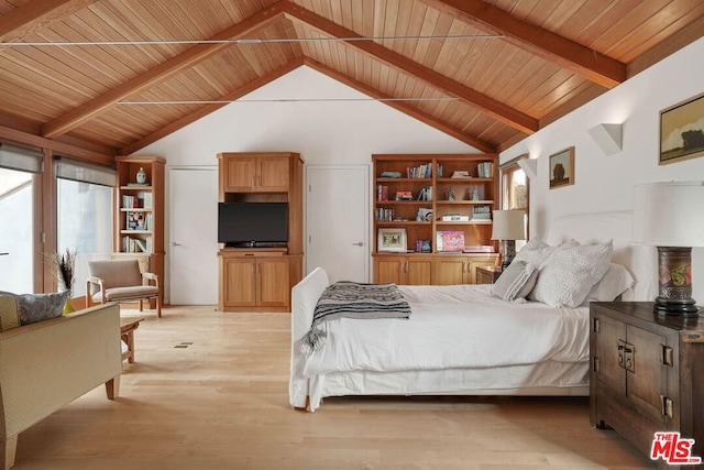 bedroom with beamed ceiling, light wood-type flooring, wood ceiling, and high vaulted ceiling