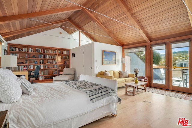 bedroom with wood-type flooring, wood ceiling, french doors, and access to exterior