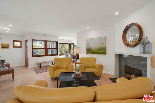 living room featuring light hardwood / wood-style floors and a high end fireplace