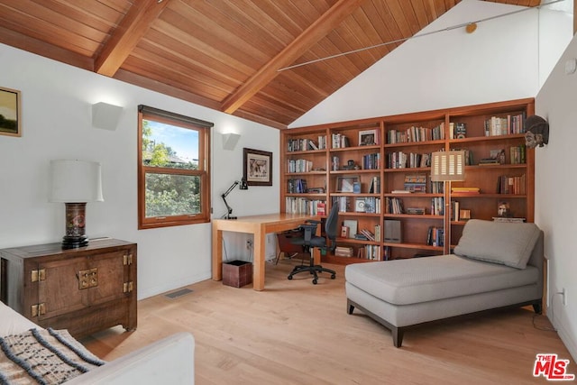 living area with wood ceiling, beam ceiling, light hardwood / wood-style floors, and high vaulted ceiling