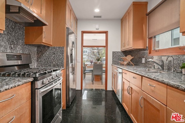 kitchen with appliances with stainless steel finishes, decorative backsplash, exhaust hood, dark stone counters, and sink