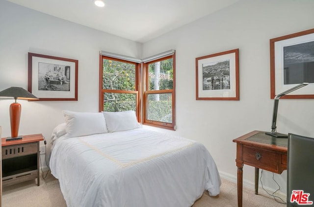 bedroom with light colored carpet