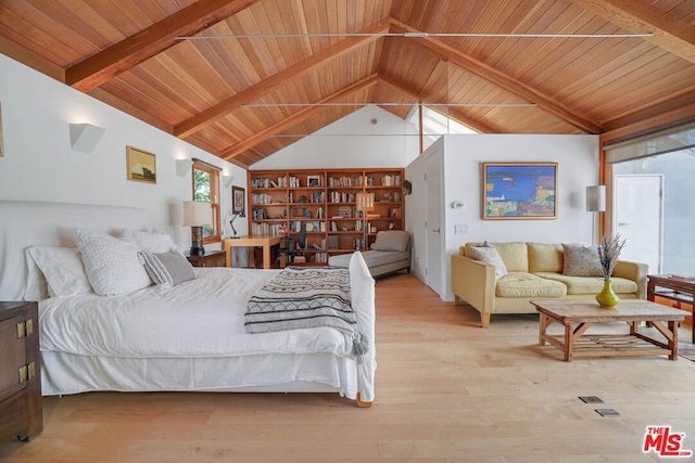 bedroom with wood ceiling, light wood-type flooring, beamed ceiling, and high vaulted ceiling