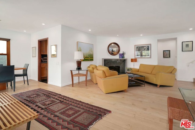 living room with light wood-type flooring and a high end fireplace