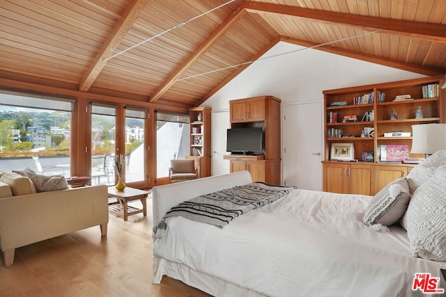 bedroom featuring wood ceiling, light hardwood / wood-style floors, access to outside, and french doors