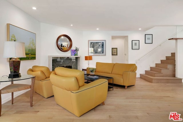 living room featuring light wood-type flooring and a premium fireplace