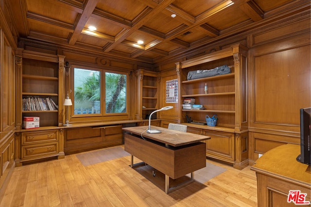 office area with wood ceiling, wood walls, and coffered ceiling