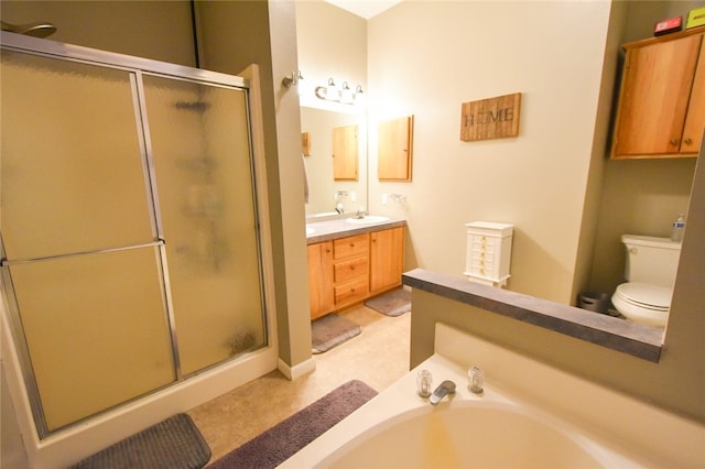 full bathroom with separate shower and tub, vanity, and toilet