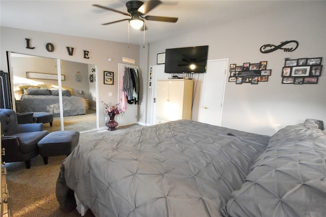 carpeted bedroom with a closet and ceiling fan