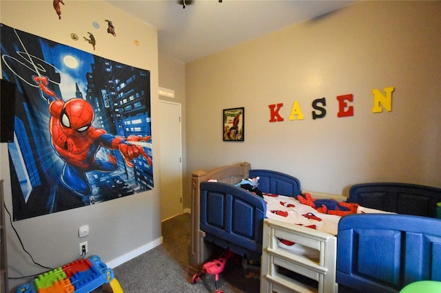 recreation room with dark colored carpet