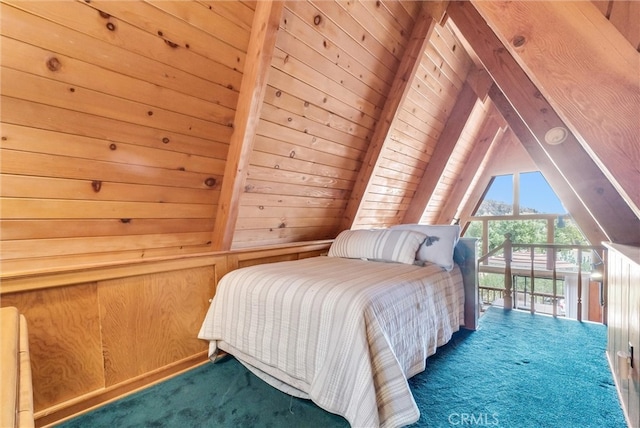 carpeted bedroom with vaulted ceiling with beams, wood ceiling, and wood walls