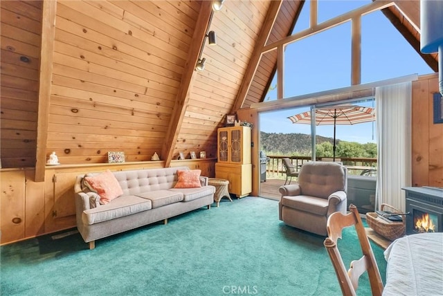 1830 W Ash Rd, Wrightwood, CA 92397 - living room with carpet flooring, wooden ceiling, and wood walls