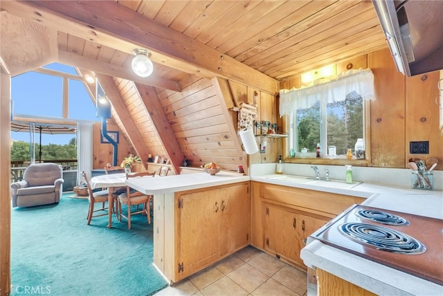 kitchen featuring kitchen peninsula, wooden ceiling, sink, and a healthy amount of sunlight