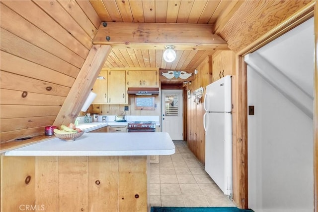 1830 W Ash Rd, Wrightwood, CA 92397 - kitchen with freestanding refrigerator, ventilation hood, light countertops, wooden ceiling, and stainless steel stove