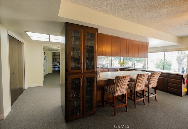 bar featuring light carpet, a textured ceiling, and plenty of natural light