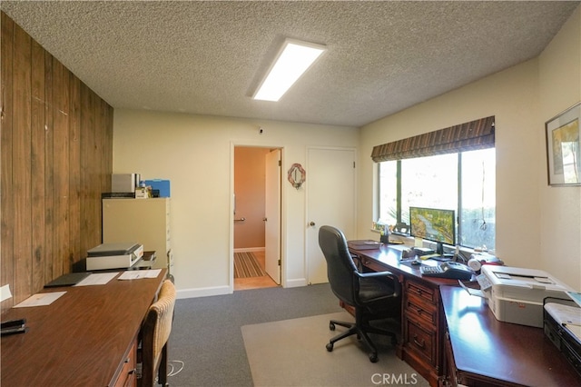 office space featuring a textured ceiling, wood walls, and light colored carpet