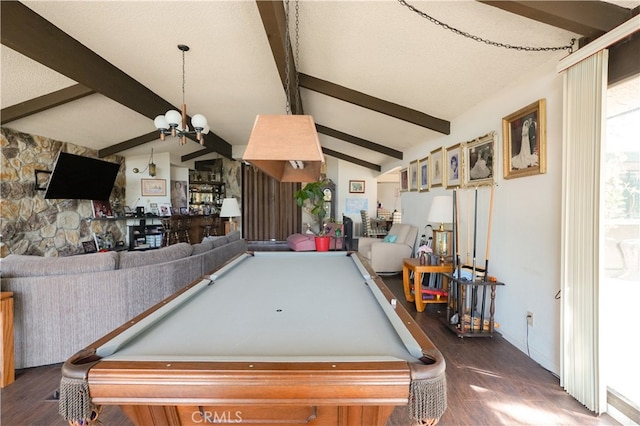 playroom with pool table, vaulted ceiling with beams, an inviting chandelier, and wood-type flooring