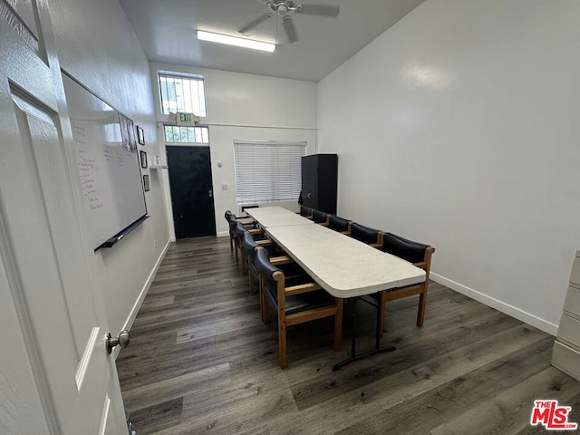 dining room featuring ceiling fan and dark hardwood / wood-style floors